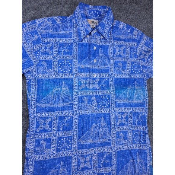 Reyn Spooner Shirt Mens Small Blue Nautical Sailboat Hawaiian Vintage - Picture 1 of 7